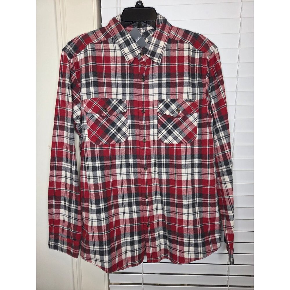 Eddie Bauer Mens Red/Black Plaid Field Flannel Button-Up Shirt L Cotton LS cabin